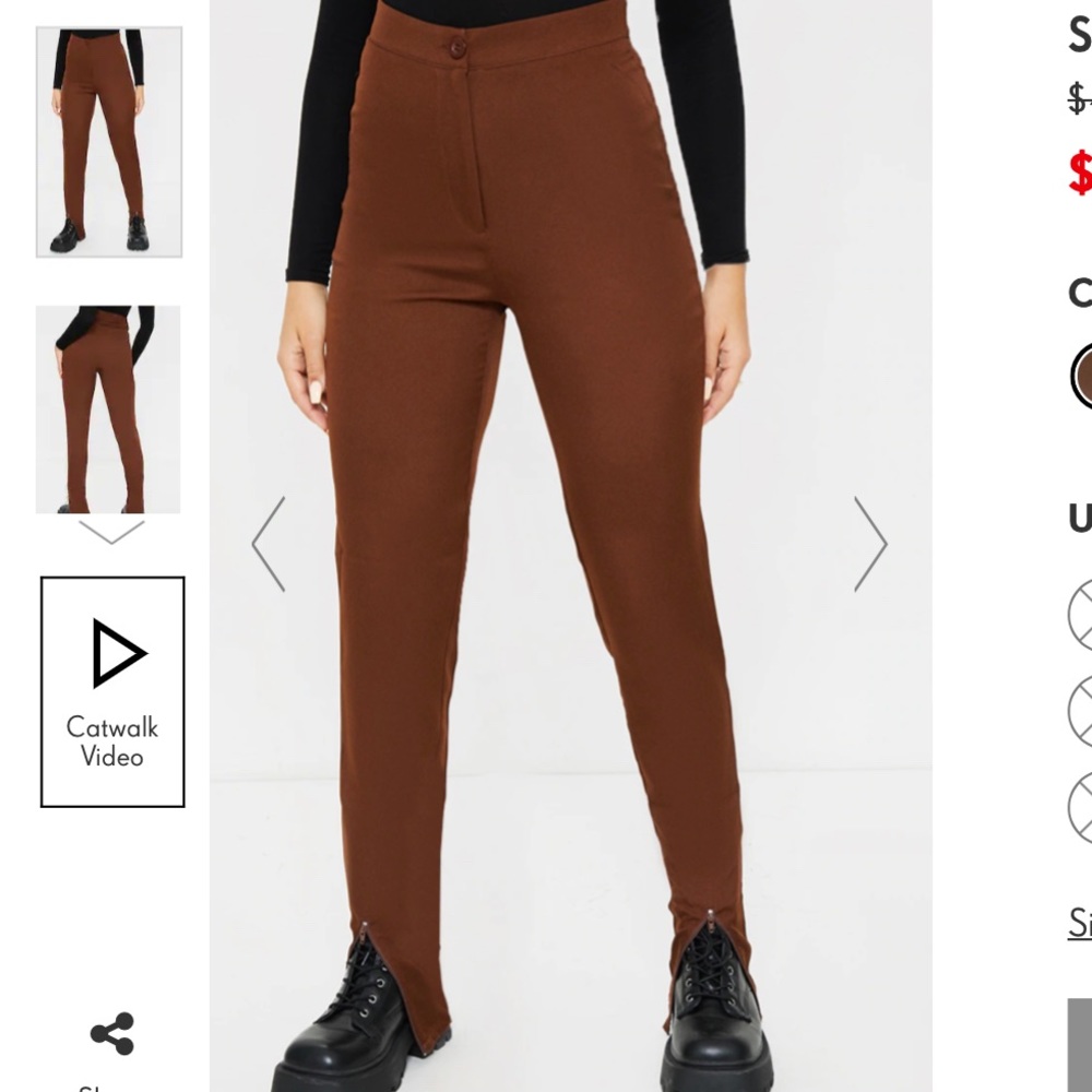 PrettyLittleThing Zip Hem Chocolate Woven Skinny Pants, Size 12